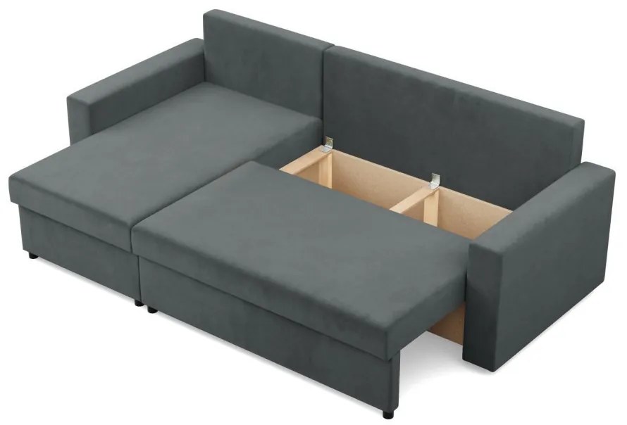 Zeus sarokkanapé, 1 ágyneműtartóval, egyenes kartámasz, bársony, univerzális oldal, bonell töltet, szürke