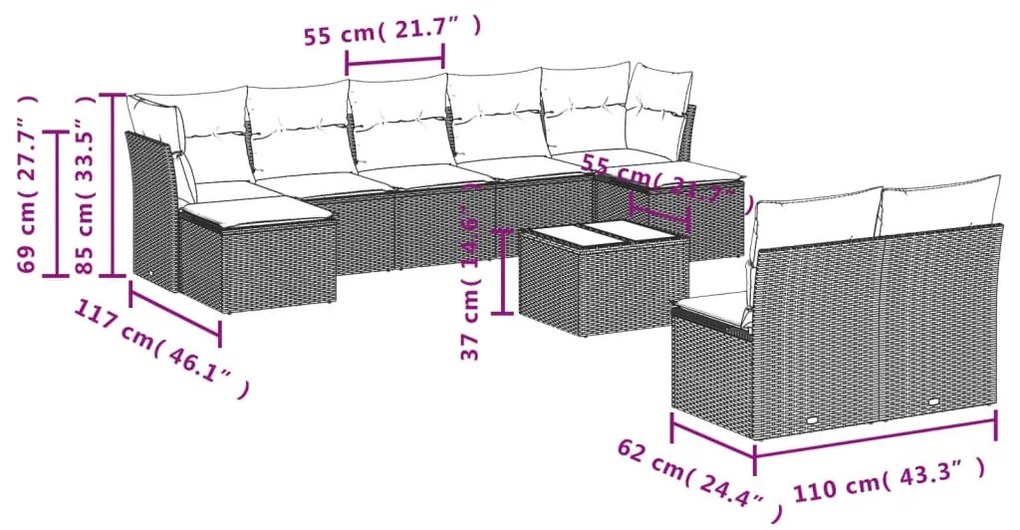 10 részes világosszürke polyrattan kerti ülőgarnitúra párnákkal