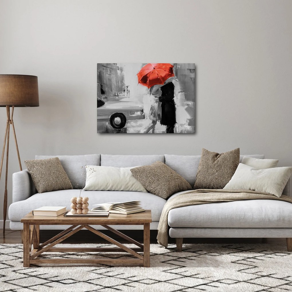 Kép - Szerelmespár egy esernyő alatt, piros (70x50 cm)