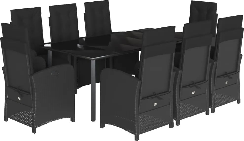 vidaXL 9 részes fekete polyrattan kerti étkezőgarnitúra párnákkal