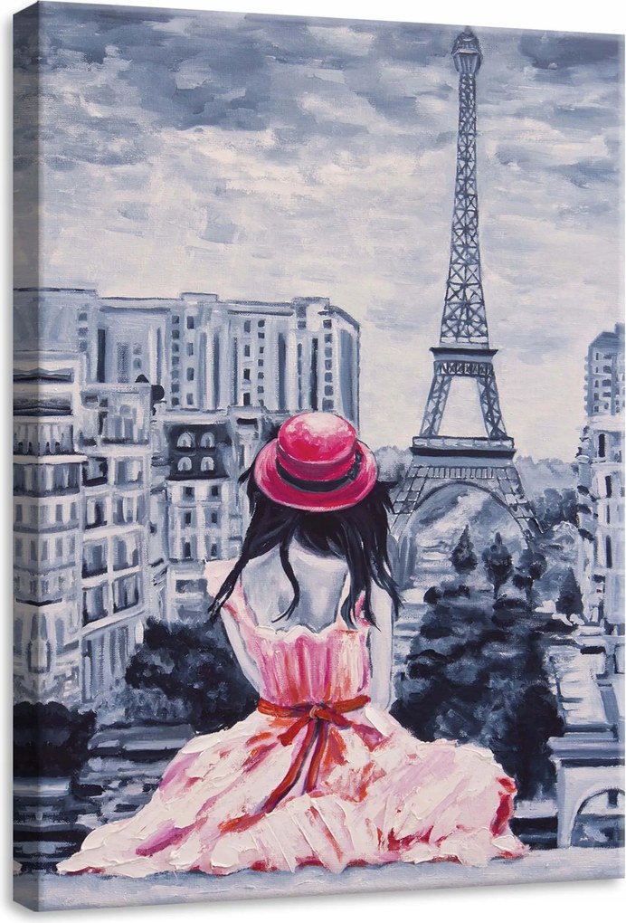 Vászonkép 50x70 Eiffel-torony Párizs nő rózsaszín ruha kalap tájkép