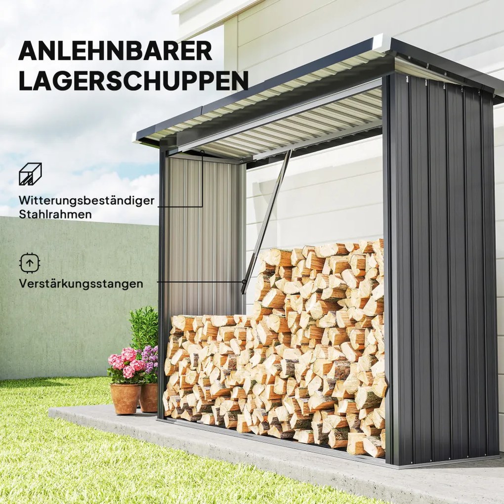 Outsunny tűzifatároló, acél, magasított padló, ferde tető, 213 x 66,5 x 150 cm, sötétszürke