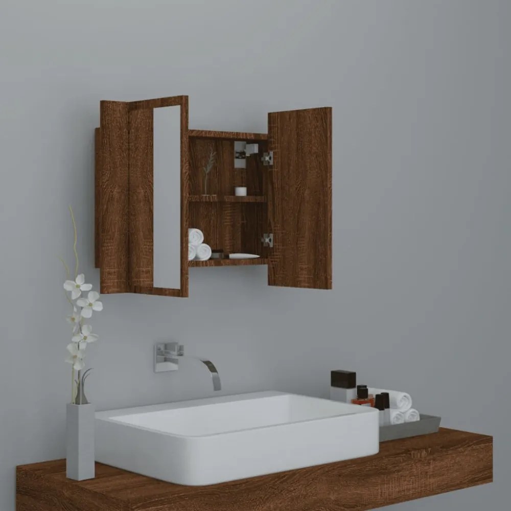 barna tölgyszínű szerelt fa tükörszekrény LED-del 60x12x45 cm