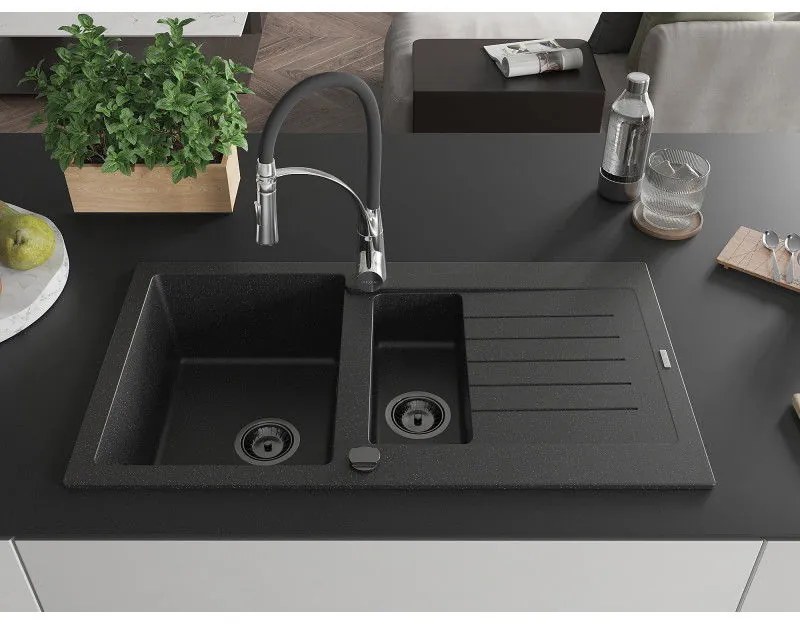 Mexen Matias, gránit mosogató 900x505x200 mm, 1,5 kamrás és Aster mosogató csaptelep, fekete-ezüst metál, 6502-73-73450-07-B
