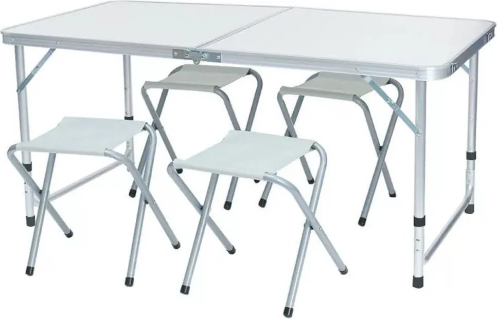 Kempingasztal szett, 1 összecsukható, állítható magasságú asztallal és 4 székkel, fehér, fémvázas, hordozható kivitel, 30 kg teherbírás