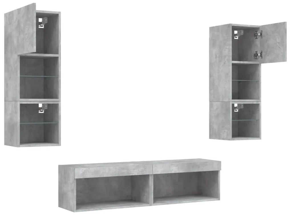 6 darab betonszürke szerelt fa fali TV-bútor LED-del