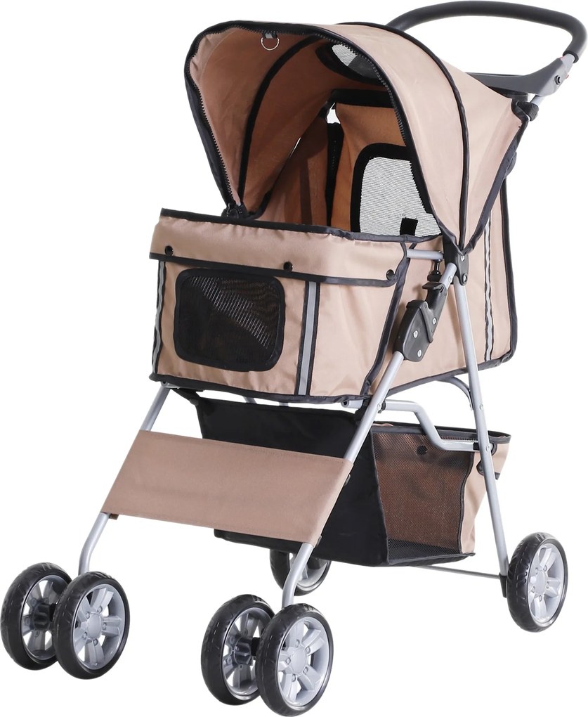 PawHut Állatkocsi, Összecsukható Kutya Babakocsi Kisméretű Kutya és Minikutyák Számára, Macska Babakocsi Tárolókosárral, Pohártartóval, Háló Ablakokka