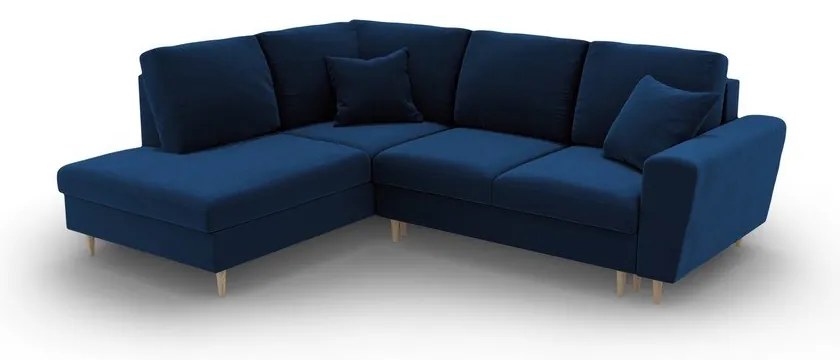Kék bársony kinyitható tárolóhelyes sarokkanapé (bal oldali-L alakú) Kyoto – Cosmopolitan Design