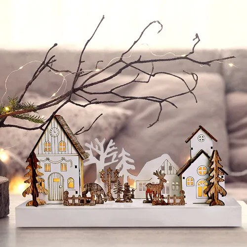 Solight LED karácsonyi falu, 34 x 17 cm, fa, 4 LED, 2x AA