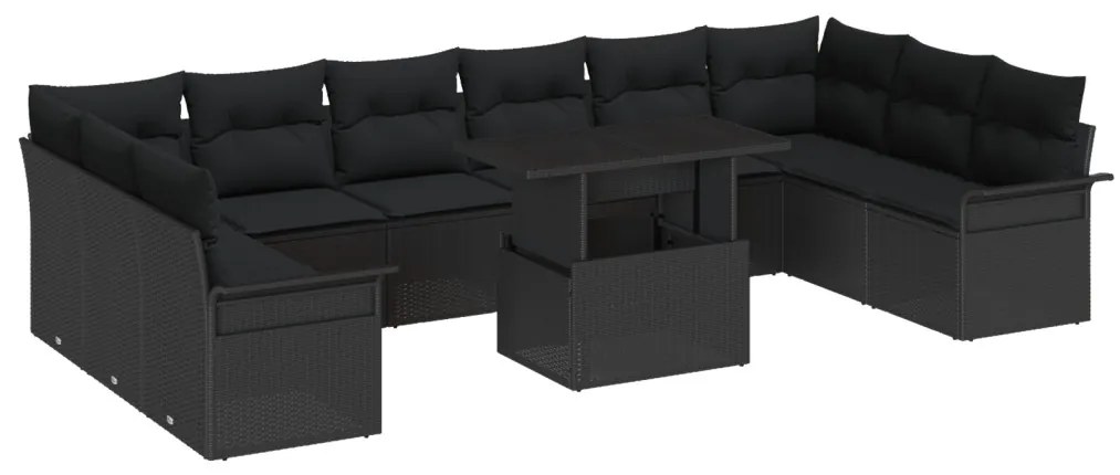 11 darabos kertbútor szett párnákkal fekete polyrattanból