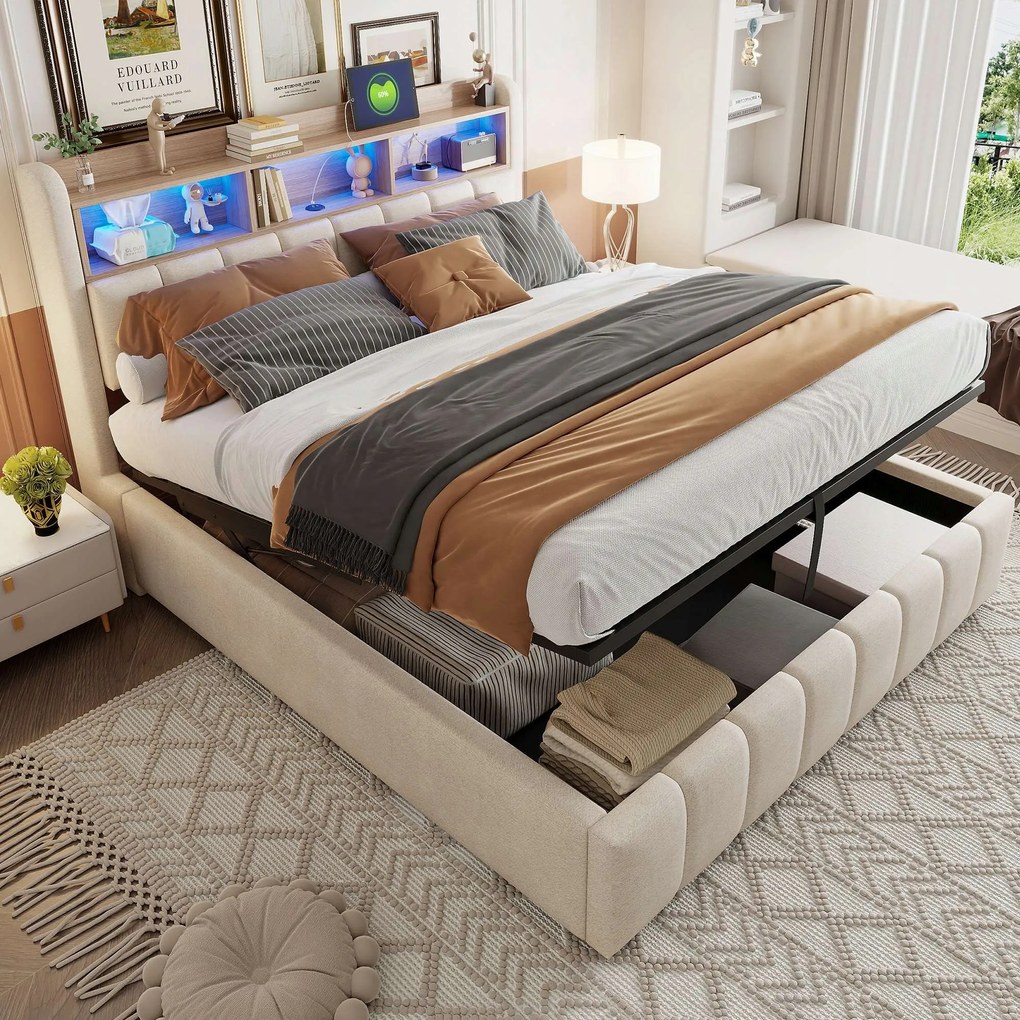 Kárpitozott ágy Franciaágy 180x200cm Usb Led Hidraulikus polcok Bézs