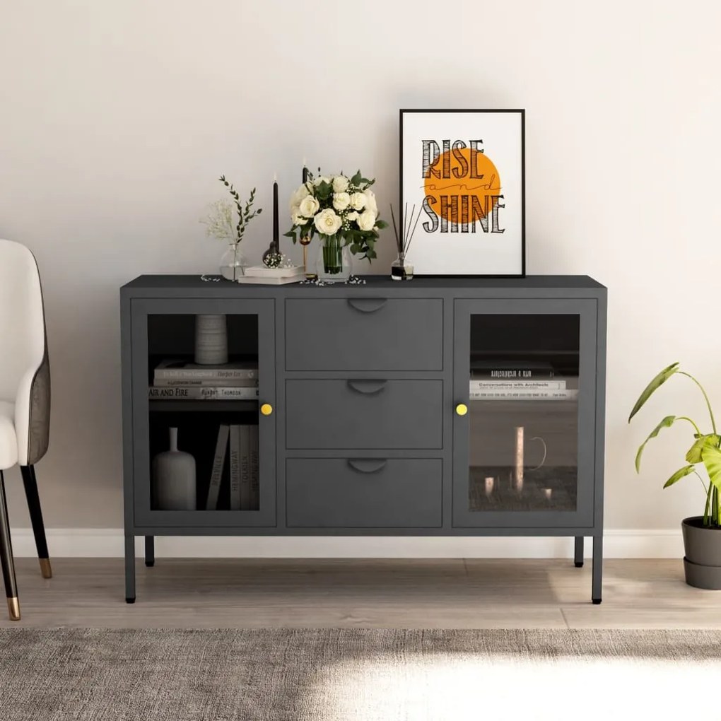 antracitszürke acél és edzett üveg tálalószekrény 105x35x70 cm