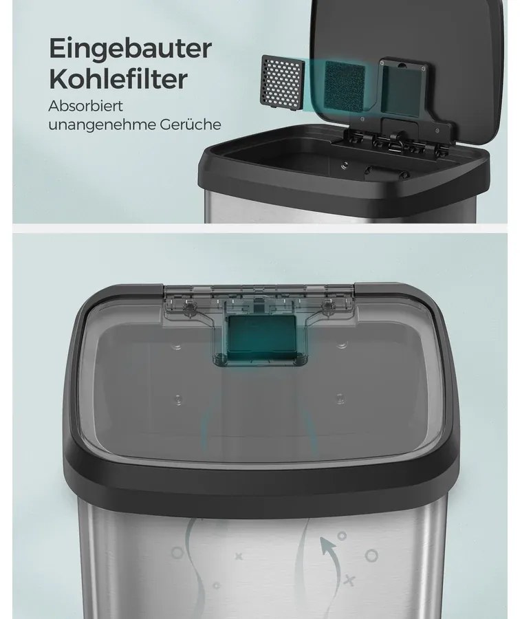 SONGMICS 50 literes konyhai szemetes, fém pedálos kuka fedéllel, keskeny és magas kialakítás, tágas, ezüst