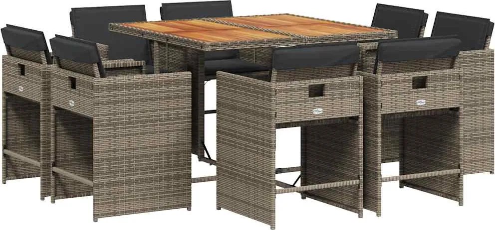 vidaXL 9 részes szürke polyrattan kerti étkezőgarnitúra párnával
