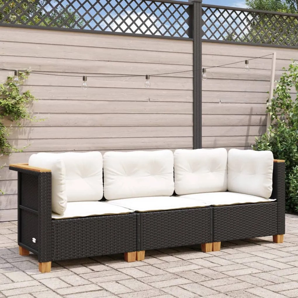 Fekete 3 személyes polyrattan kerti kanapé párnákkal