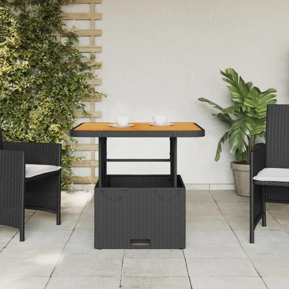 fekete polyrattan és akácfa kerti asztal 80 x 80 x 71 cm