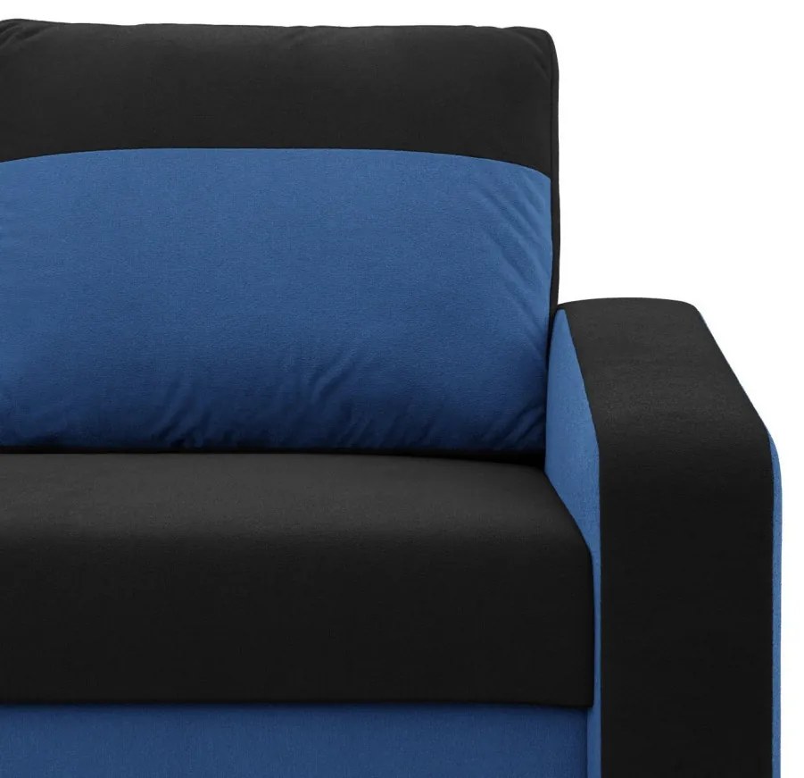 Hewlet sarokkanapé, 2 ágyneműtartóval, szövet anyag, univerzális oldal, bonell töltet, fekete - kék