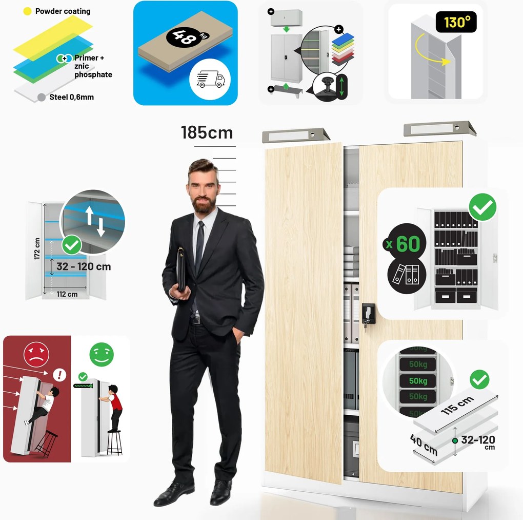 Fém irodai iratszekrény JAN II, Eco Design: fehér/sonoma tölgy