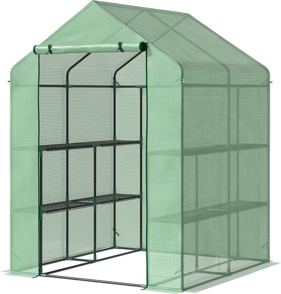 Outsunny 8 Polcos Kertészeti Üvegház Zöld Acél PE Műanyag Ajtóval 143 x 138 x 190 cm | Aosom