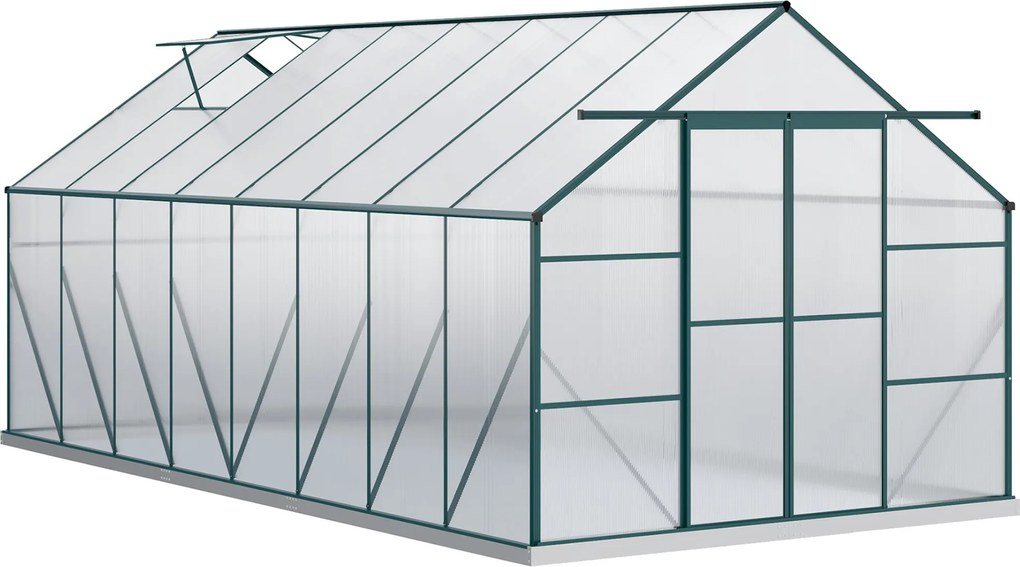 Outsunny Polikarbonát Kerti Üvegház 244x500x216cm, Nyitható Ablakkal és Tolható Ajtóval, Alumínium Váz, Zöld | Aosom
