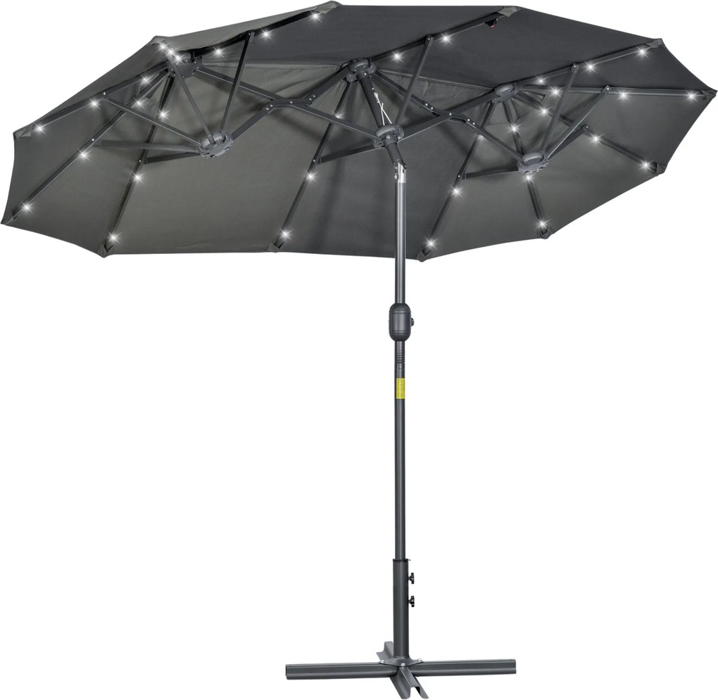 Outsunny Kétkarú Napernyő 295x150x219 cm Napernyő Napenergia LED Lámpákkal, Állítható Dőlésszögű Tető és Manuális Kézi Hajtómű Teraszhoz, Medencéhez,