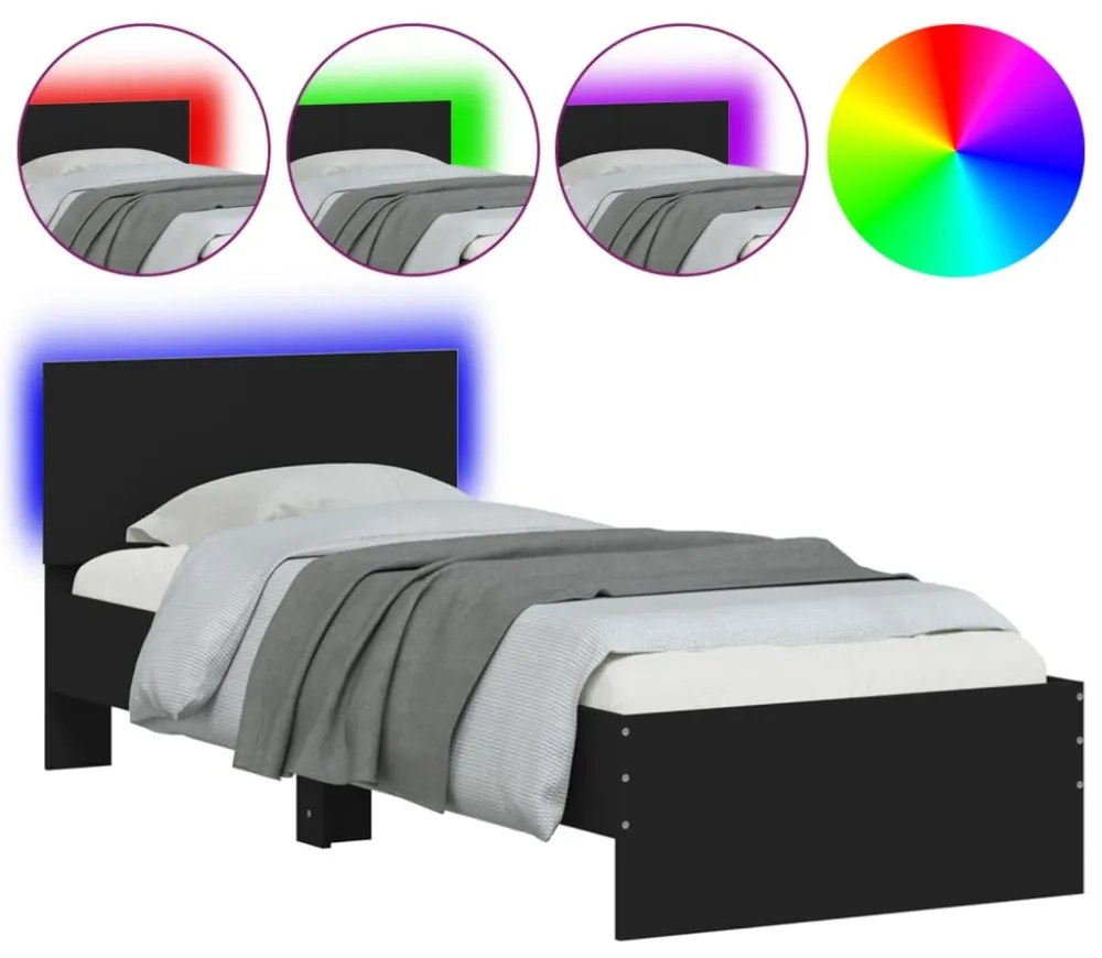 fekete ágykeret fejtámlával és LED-világítással 75 x 190 cm