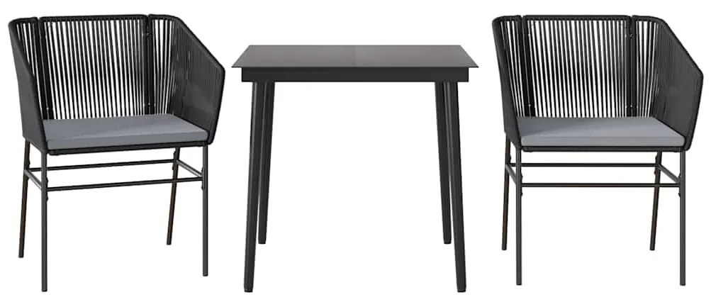 3 részes fekete polyrattan üveg kerti étkezőgarnitúra párnákkal