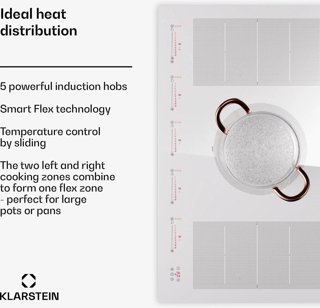 Klarstein Masterzone 90 Flex, indukciós főzőlap, max. 12 600 W, beépített, 5 zóna, 2 Flex zóna, ThermoBoost technológia, Smart Flex