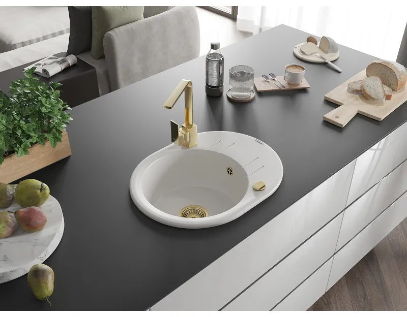 Mexen Kevin, gránit mosogató 586x458x190 mm, 1 kamrás és arany Rita, fehér, 6517-20-670300-50