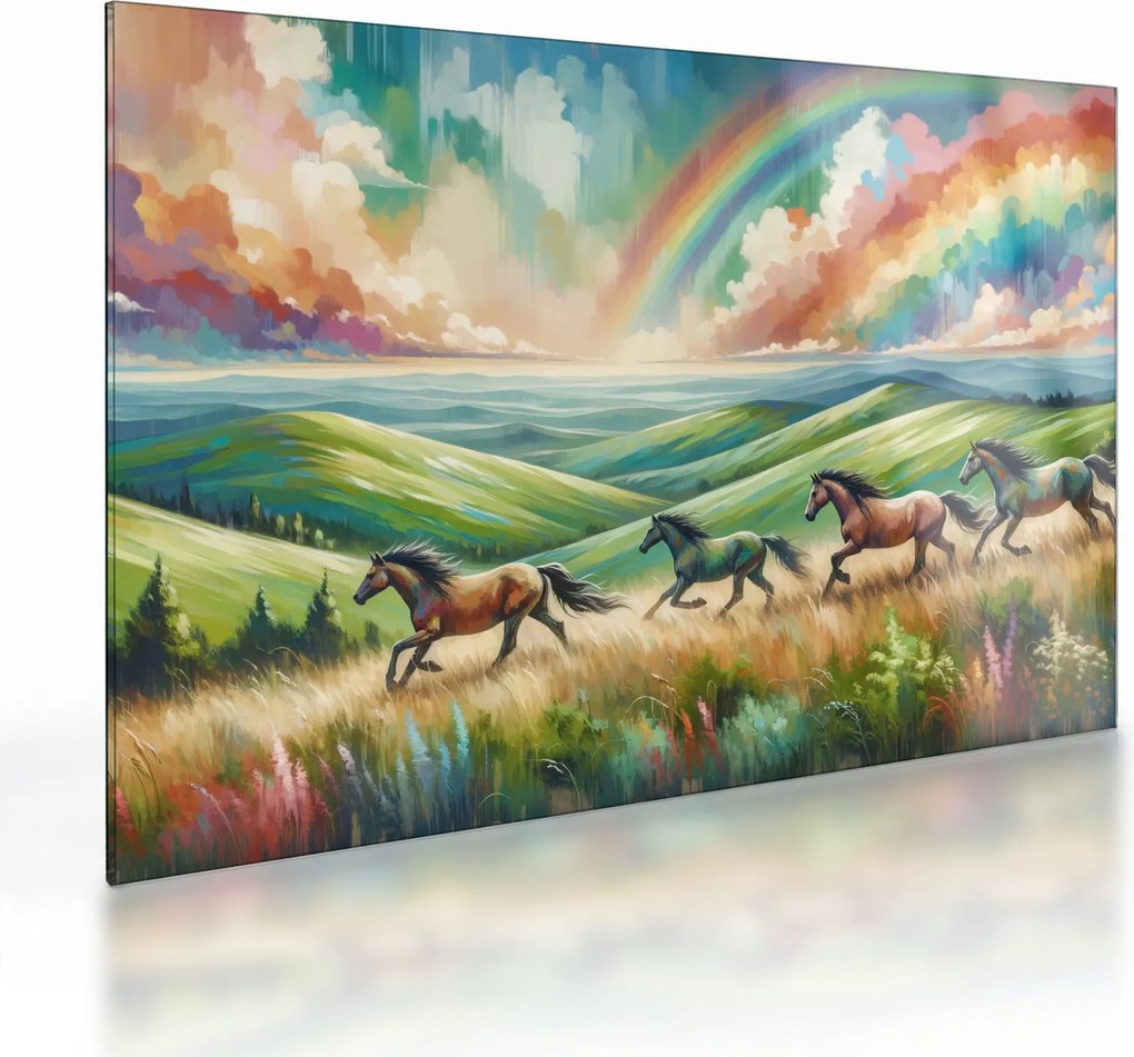 Üveg kép – Vágtázó lovak a tájban (70x50 cm)