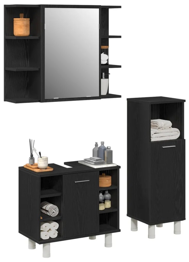 Fürdőszoba bútor szett 3 darabos Fekete tölgy Szerelt fa