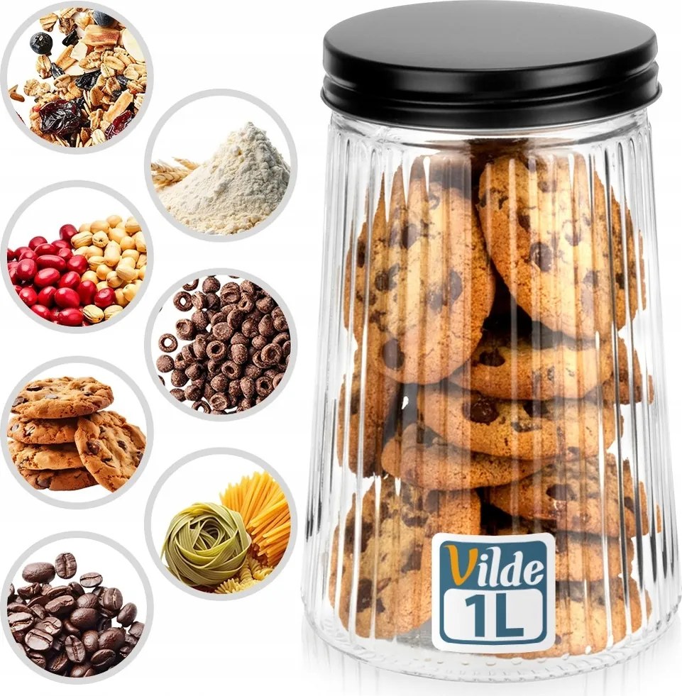 Fekete konyhai üveg ételtároló doboz ömlesztett termékekhez légmentesen záródó 1L