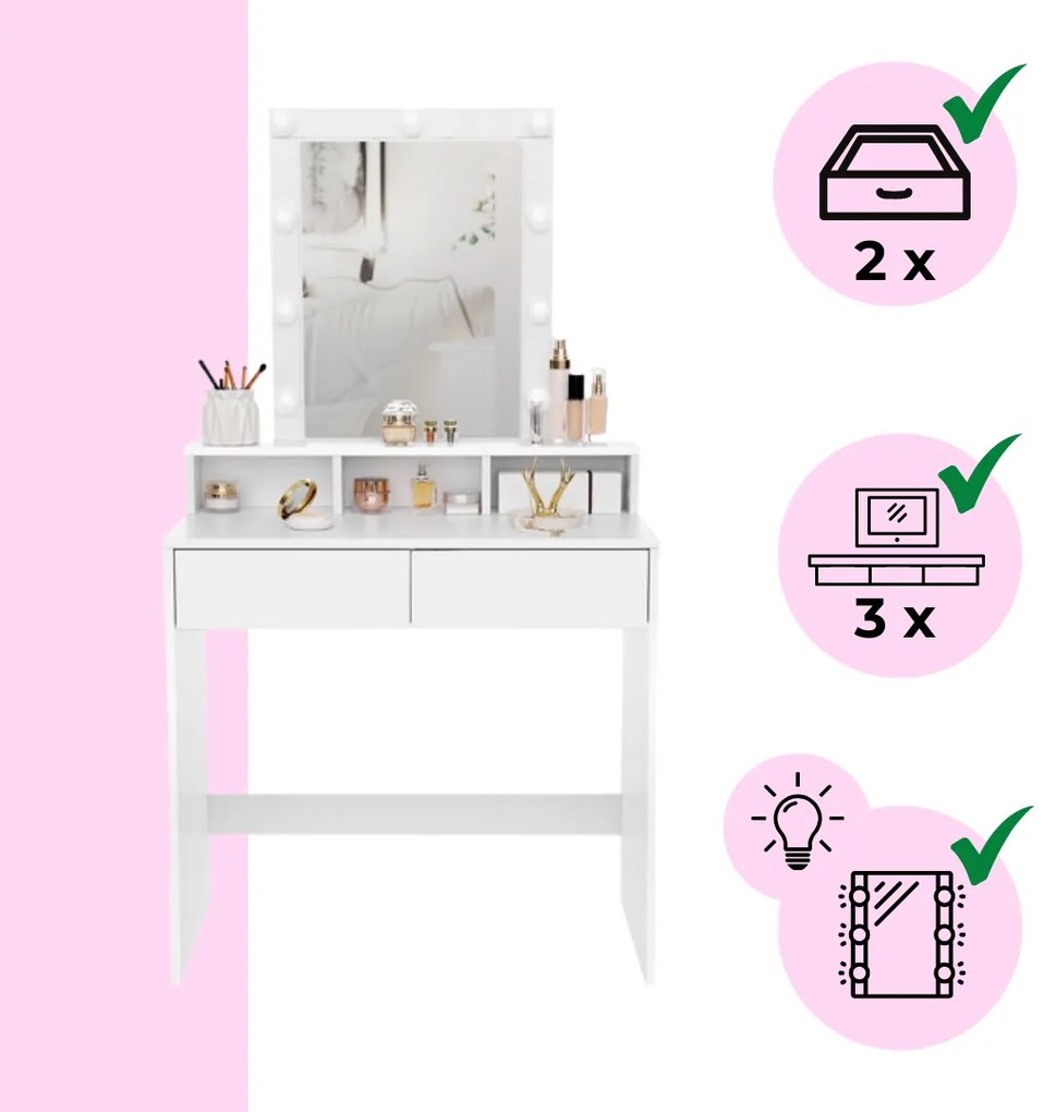 VANESA fésülködőasztal világítással, 80x40x145cm, fehér Jurhan