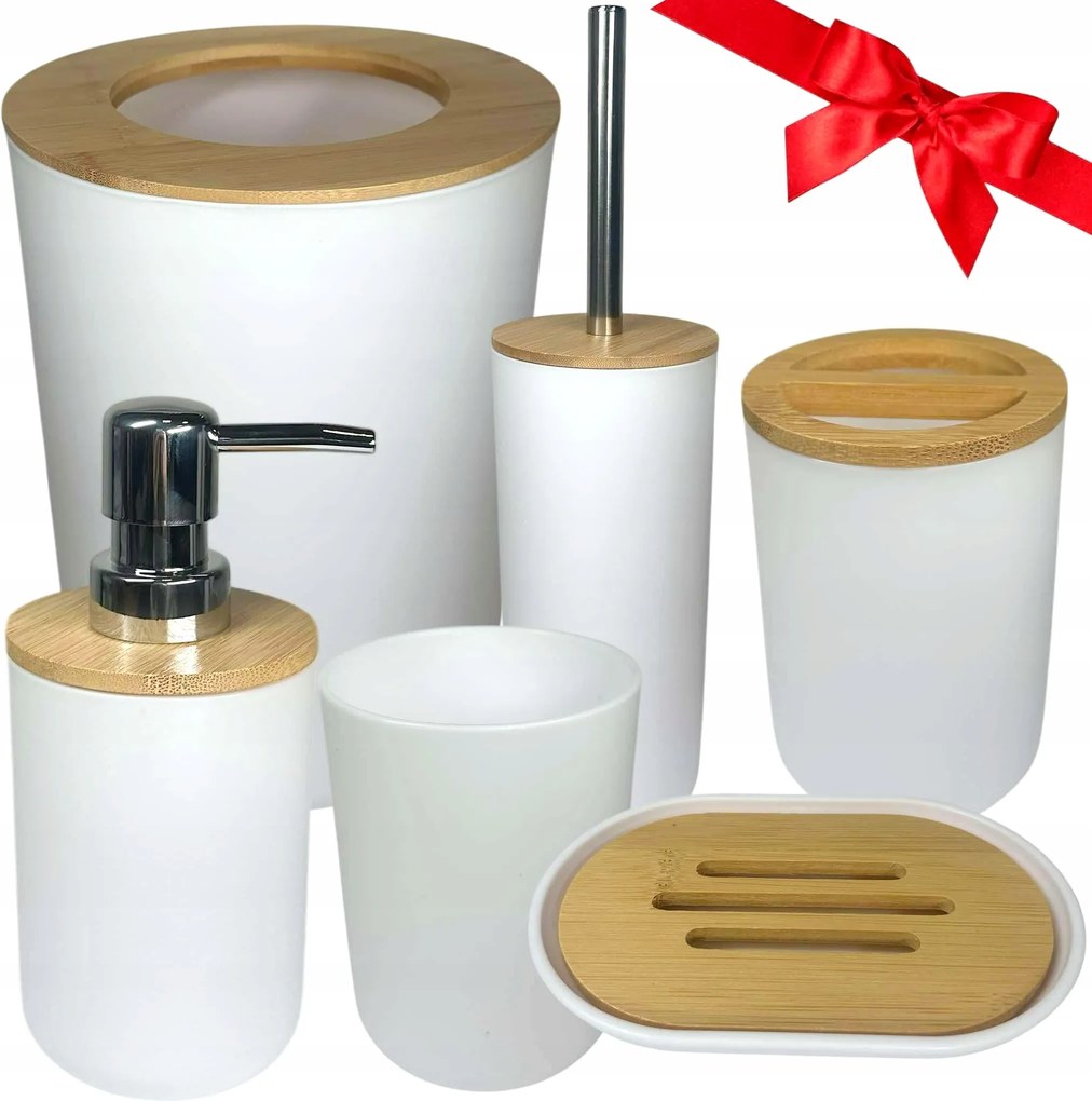 Fürdőszoba Szett Fehér Fa Bambusz 6EL Fürdőszoba Wc Akcesoria