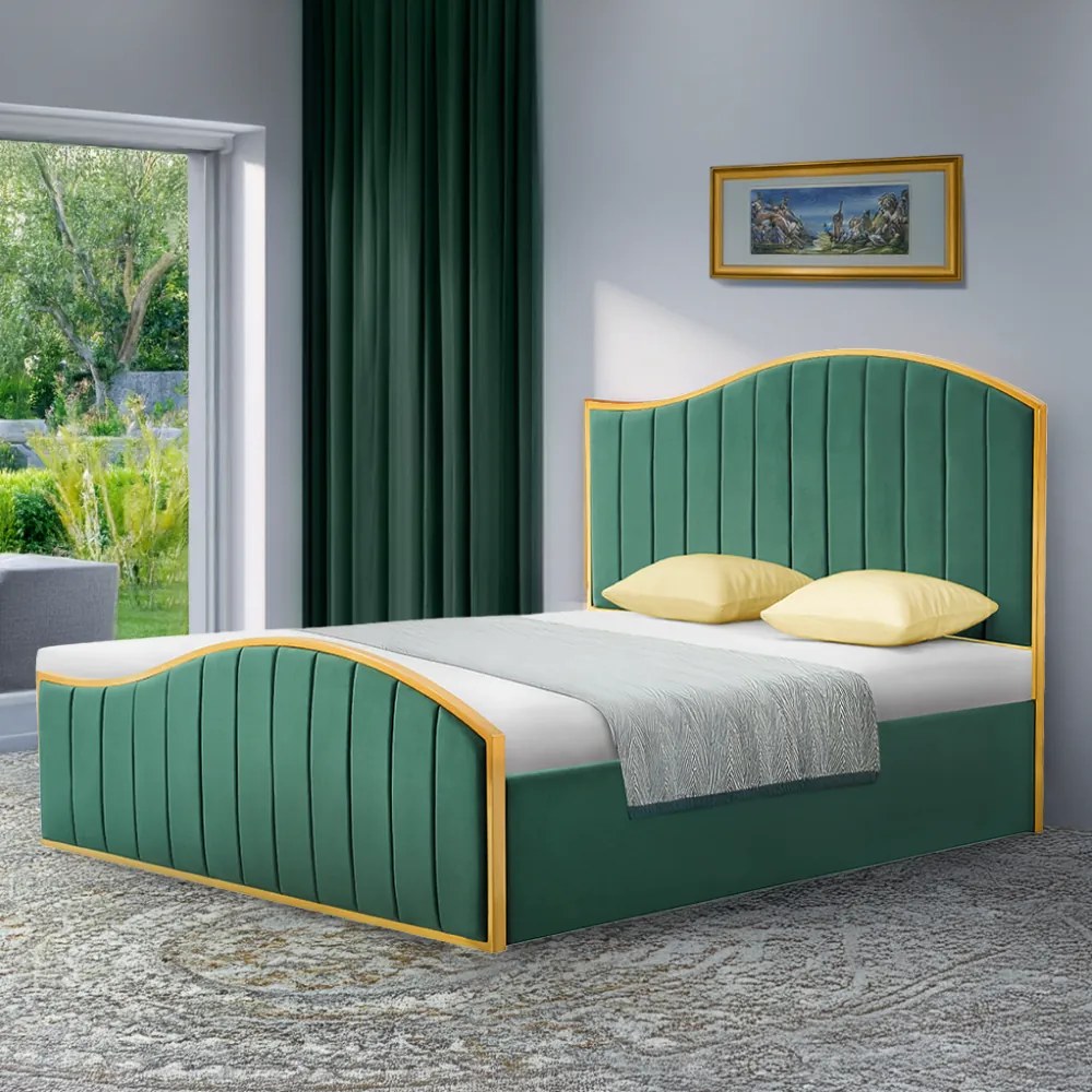 Ágy ráccsal, 160x200, zöld Velvet szövet/gold arany króm, GEORGIA