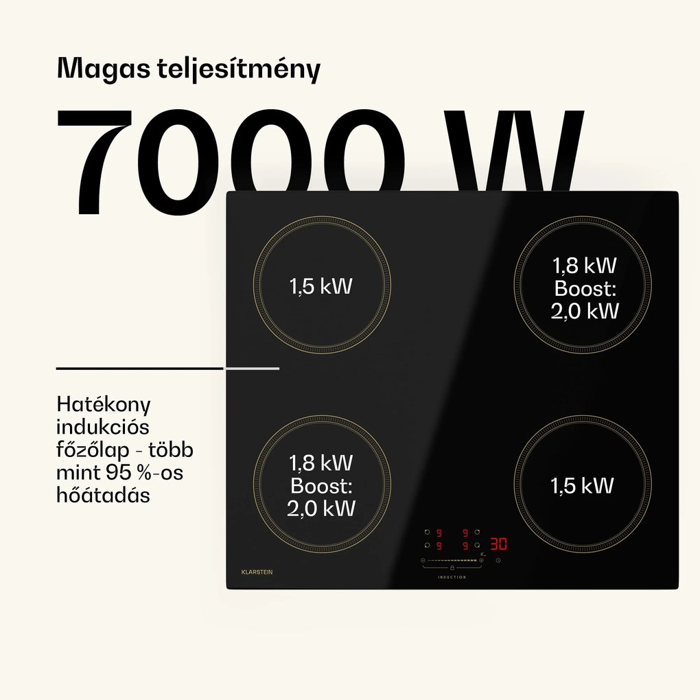Klarstein Victoria indukciós főzőlap, 60 cm, 4 főzőlap, csúszka, Boost funkció