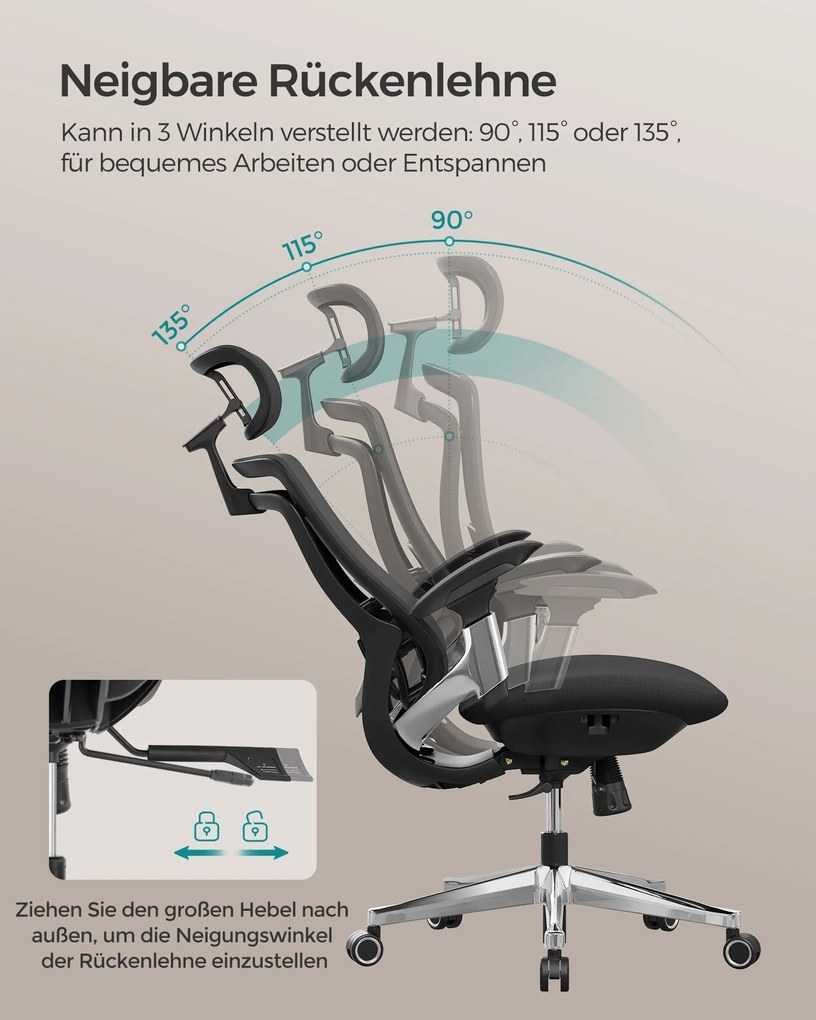 SONGMICS Ergonomikus szék, állítható, dönthető irodai szék, fekete
