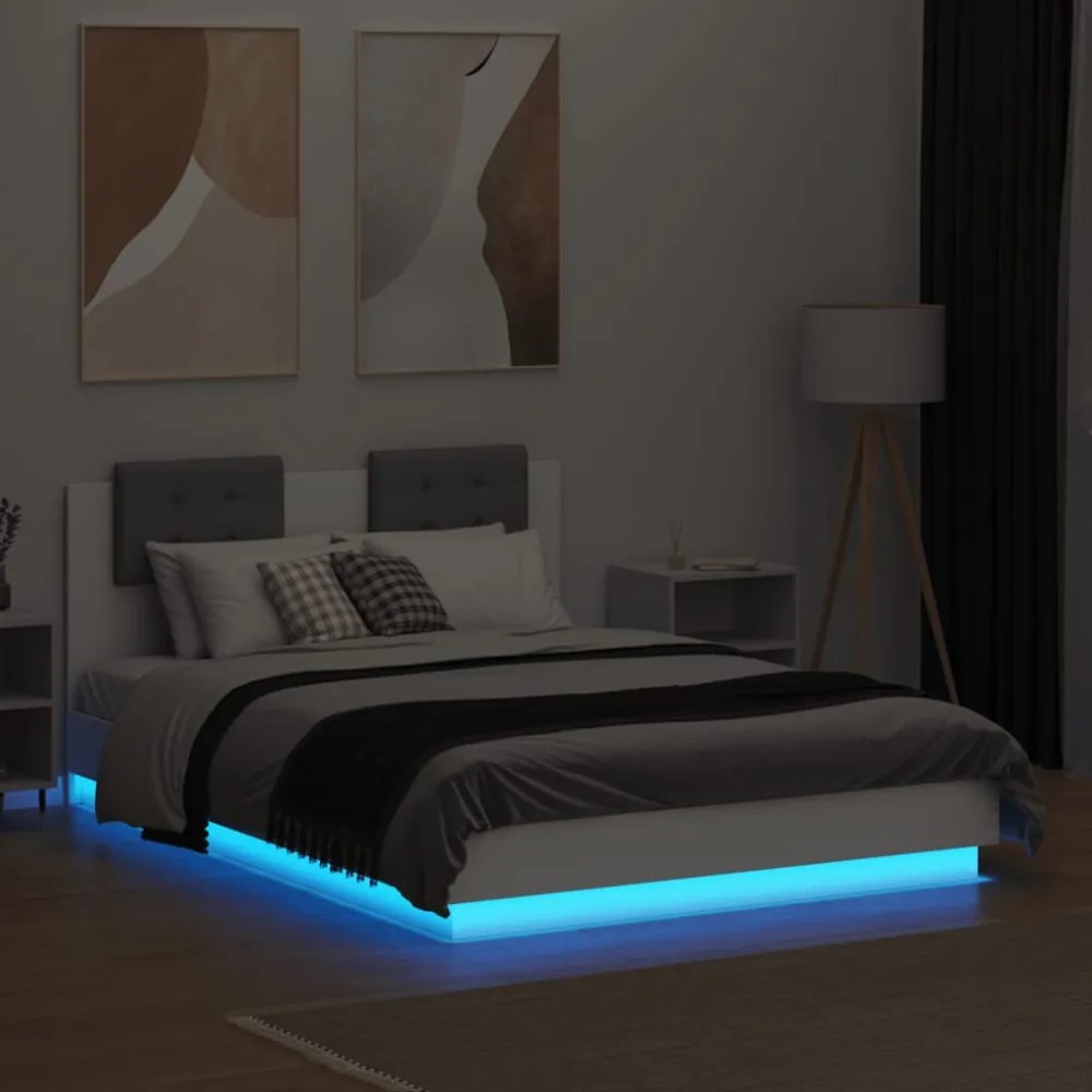 fehér ágykeret fejtámlával és LED-világítással 140 x 190 cm