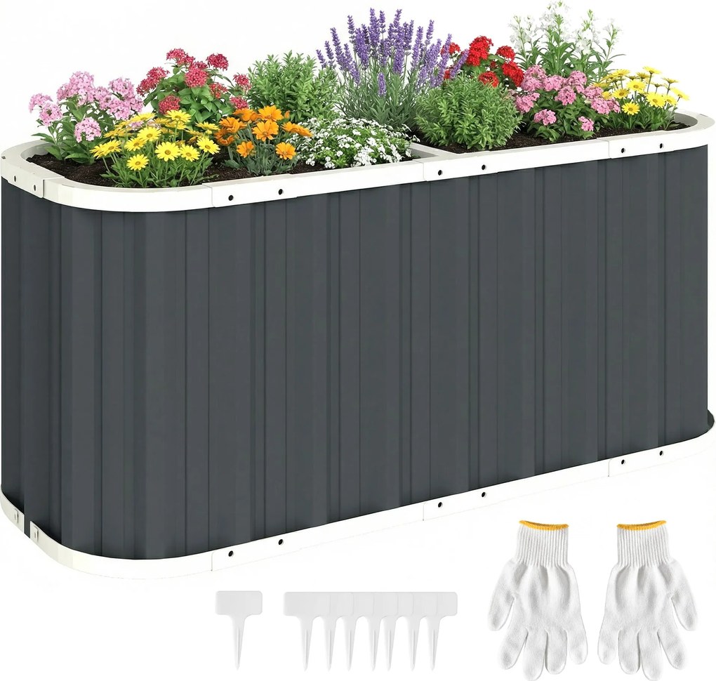 Outsunny horganyzott acél emelt magaságyás, 136 x 53 x 61 cm — extra mély, biztonsági élekkel, növénycímkékkel és kesztyűvel, nyitott aljú, könnyű öss