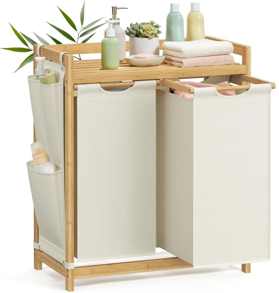 Szennyeskosár 2 rekesszel, szennyestartó, 100 literes, 63 x 33 x 78 cm, krémfehér