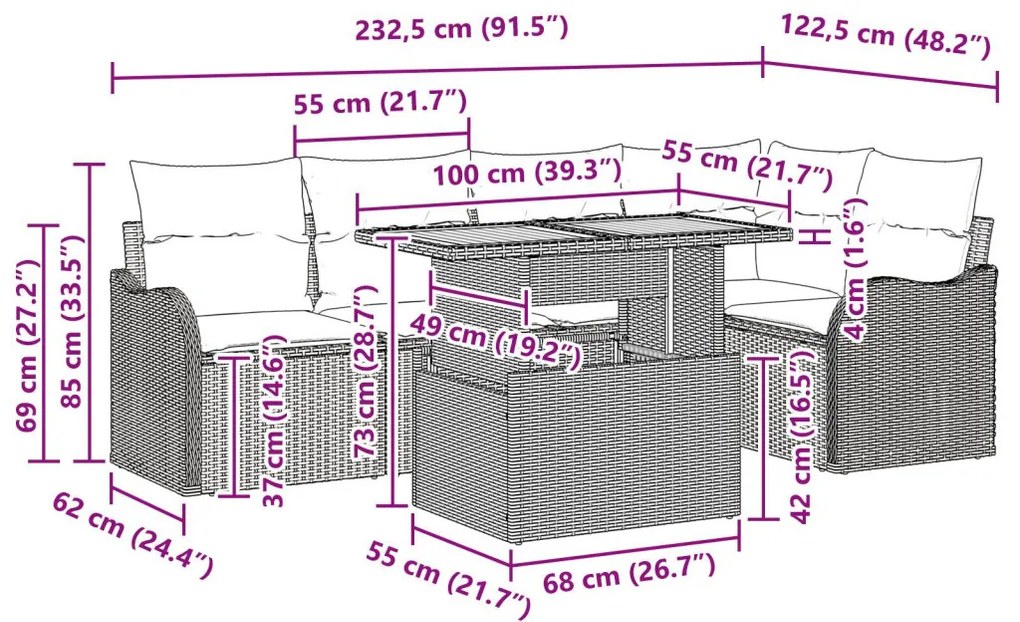 6 db-os Kert Sofa Szett párnákkal, Fekete, Polirattan, Akác, 2 személyes Kert Sofa párnákkal, Fekete, Polirattan