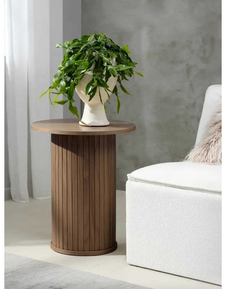 Kerek tárolóasztal tölgyfa dekorral ø 50 cm Nola – Unique Furniture