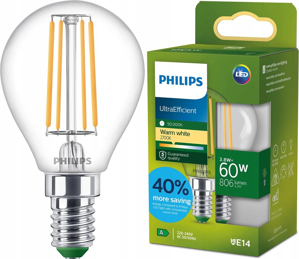 Led izzó E14 Golyó P45 3.8W 60W 806lm 212lm/W 2700K A-osztály Philips