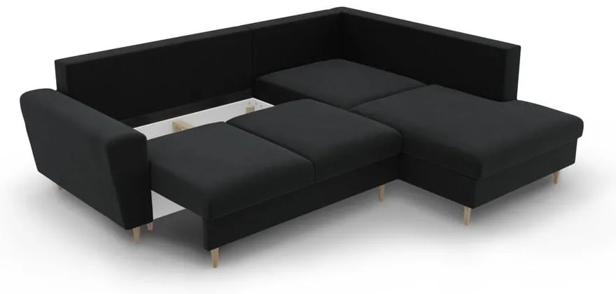 Fekete bársony kinyitható tárolóhelyes sarokkanapé (jobb oldali-L alakú) Kyoto – Cosmopolitan Design