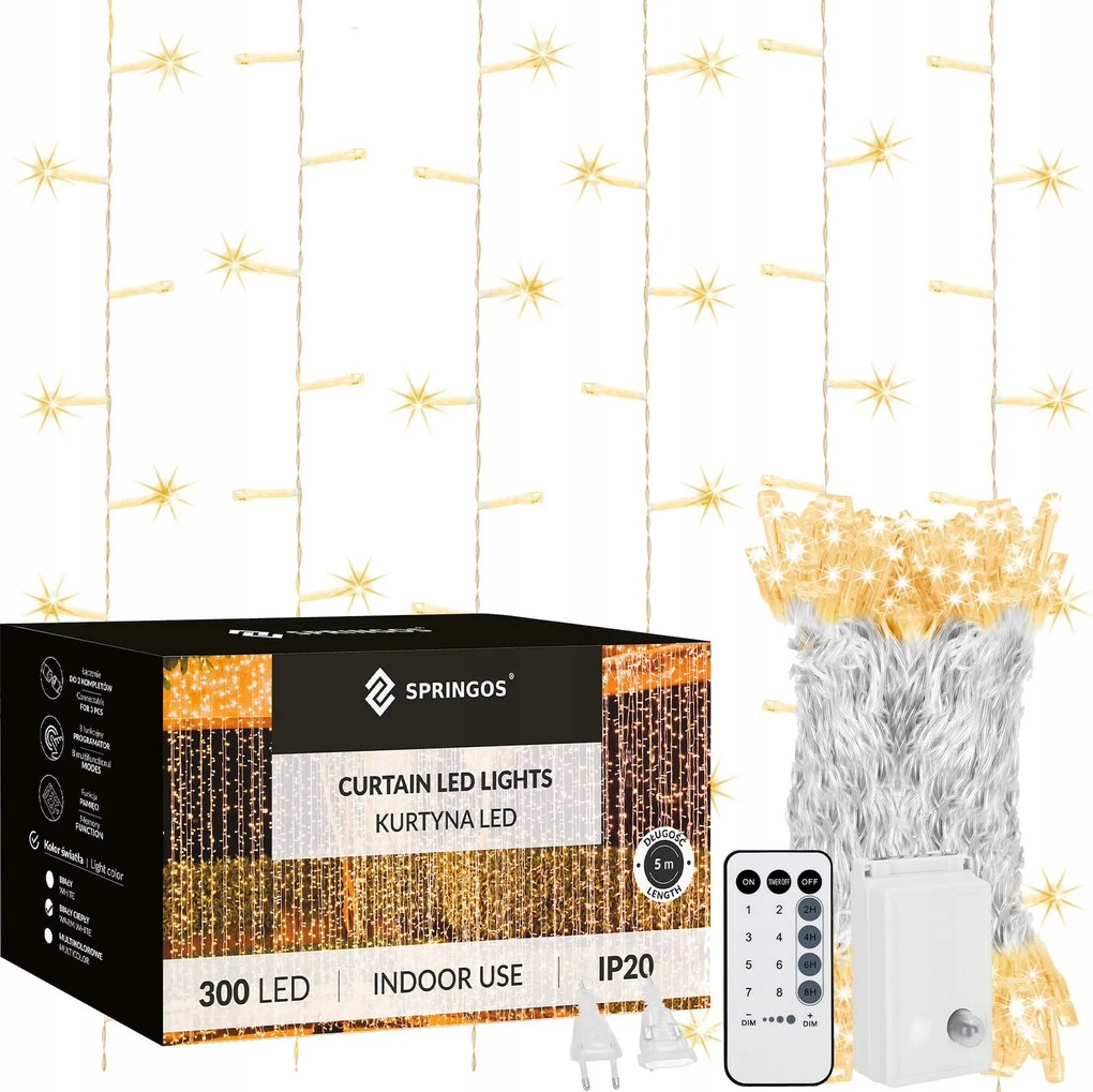 Fényfüggöny 300LED 3x3 Karácsonyi Lámpák Karácsonyfa Füzér Ablak Távirányító