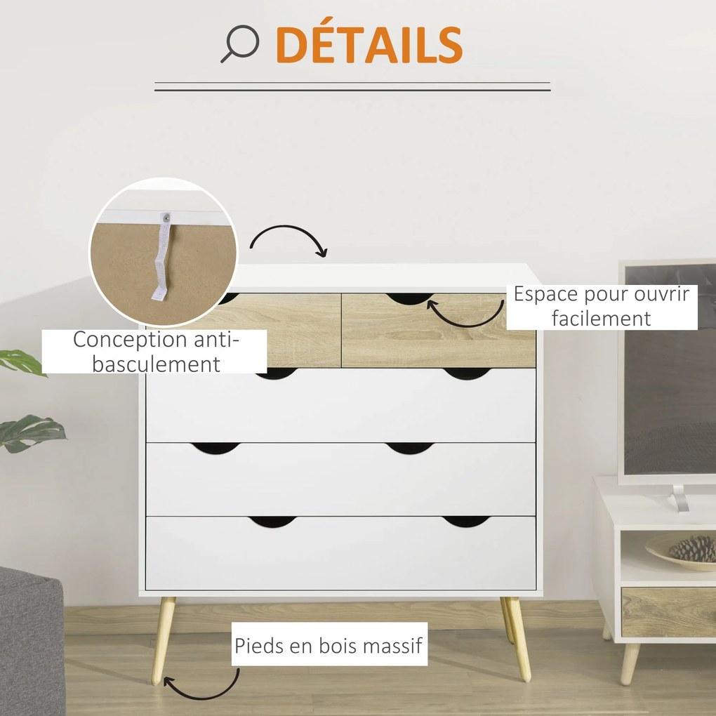 HOMCOM Skandináv Stílusú 5-Fiókos Komód Tárolóegység Fapanelből 99 x 39 x 101 cm Fehér Világos Tölgy | Aosom