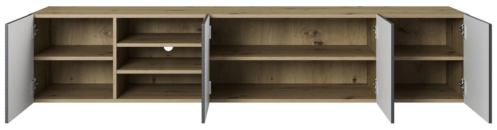 Asha függesztett TV szekrény 200 cm riflázott frontokkal, nyitott fülkével – artisan tölgy / rivier stone matt