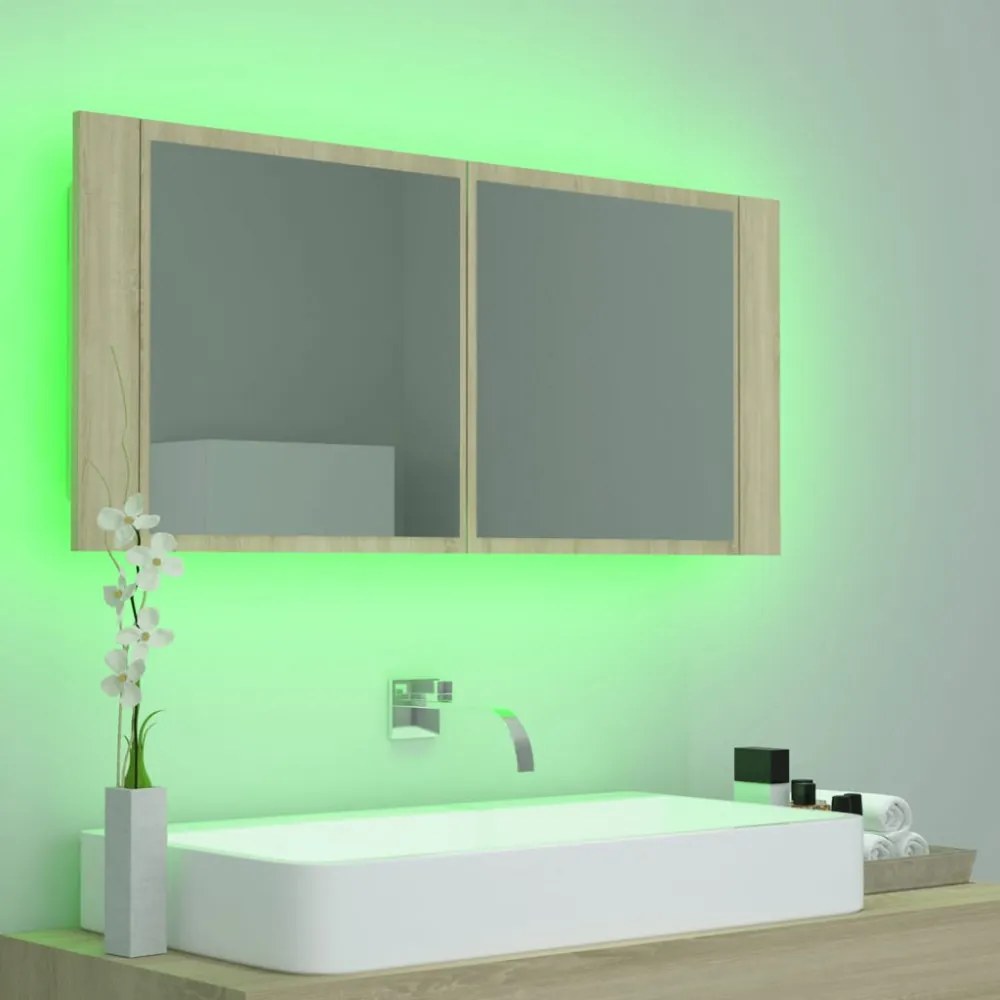 tölgyszínű akril LED-es tükrös fürdőszobaszekrény 100x12x45 cm