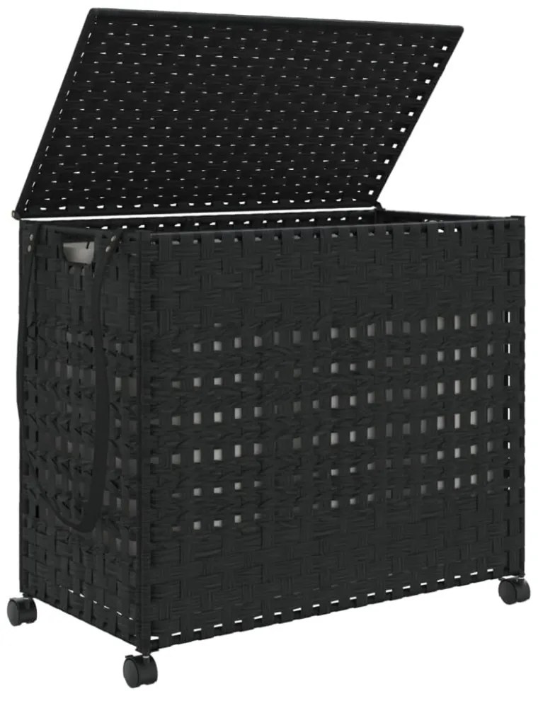 fekete rattan szennyeskosár kerekekkel 66x35x60 cm
