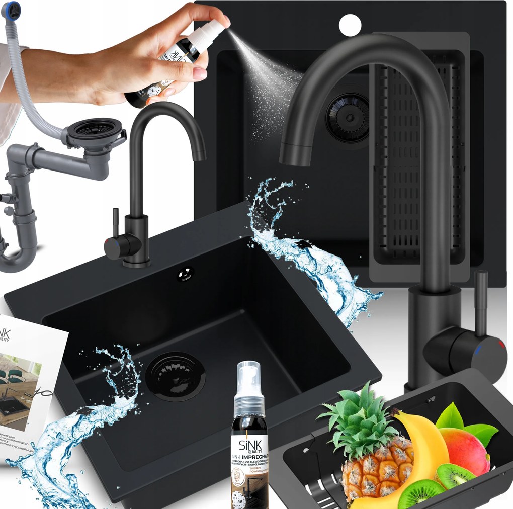 Gránit Mosogató Fekete Konyhai Csaptelep Állítható Csepegtető
